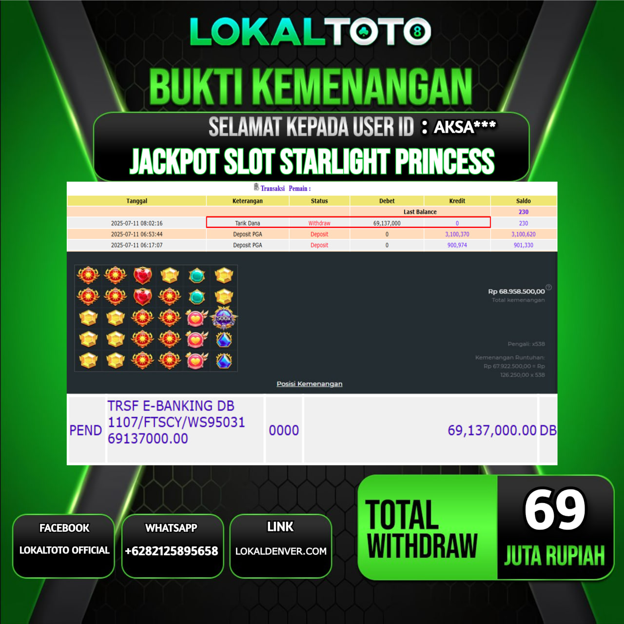 LOKALTOTO JACKPOT SLOT STARLIGHT PRINCESS RP.69.000.000.,- LUNAS USER ID : AKSA***