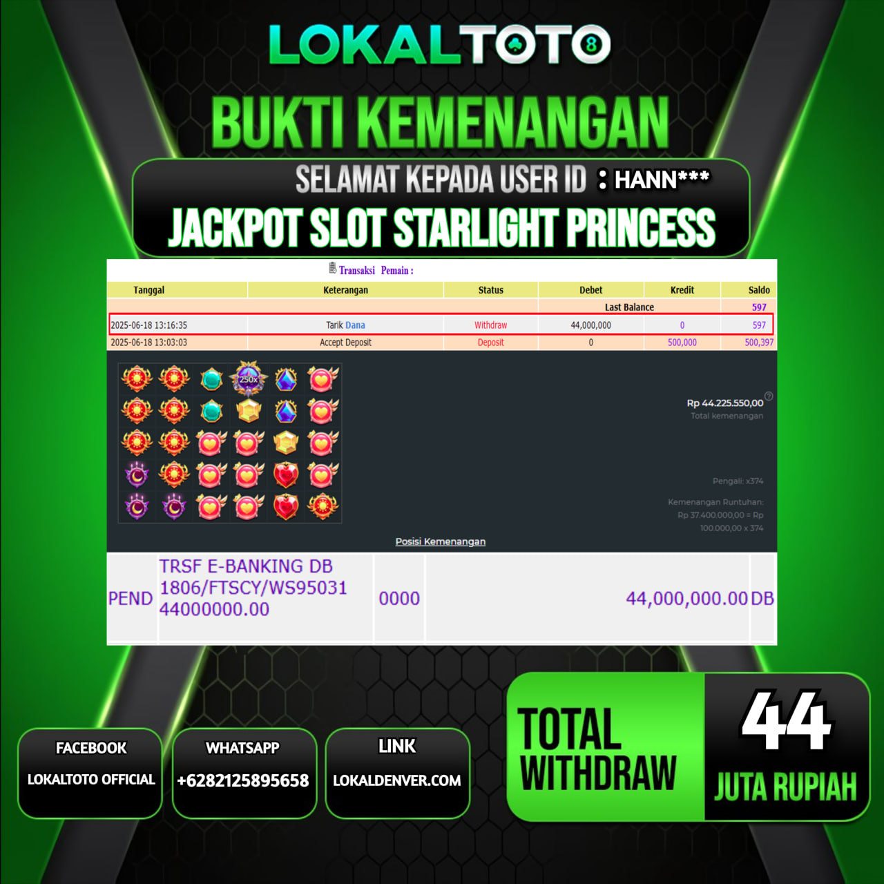 LOKALTOTO JACKPOT SLOT STARLIGHT PRINCESS RP.44.000.000.,- LUNAS USER ID  : HANN***
