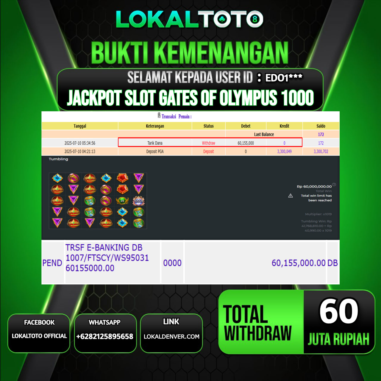 LOKALTOTO JACKPOT SLOT GATES OF OLYMPUS 1000 RP.60.000.000.,- LUNAS USER ID : EDO1***