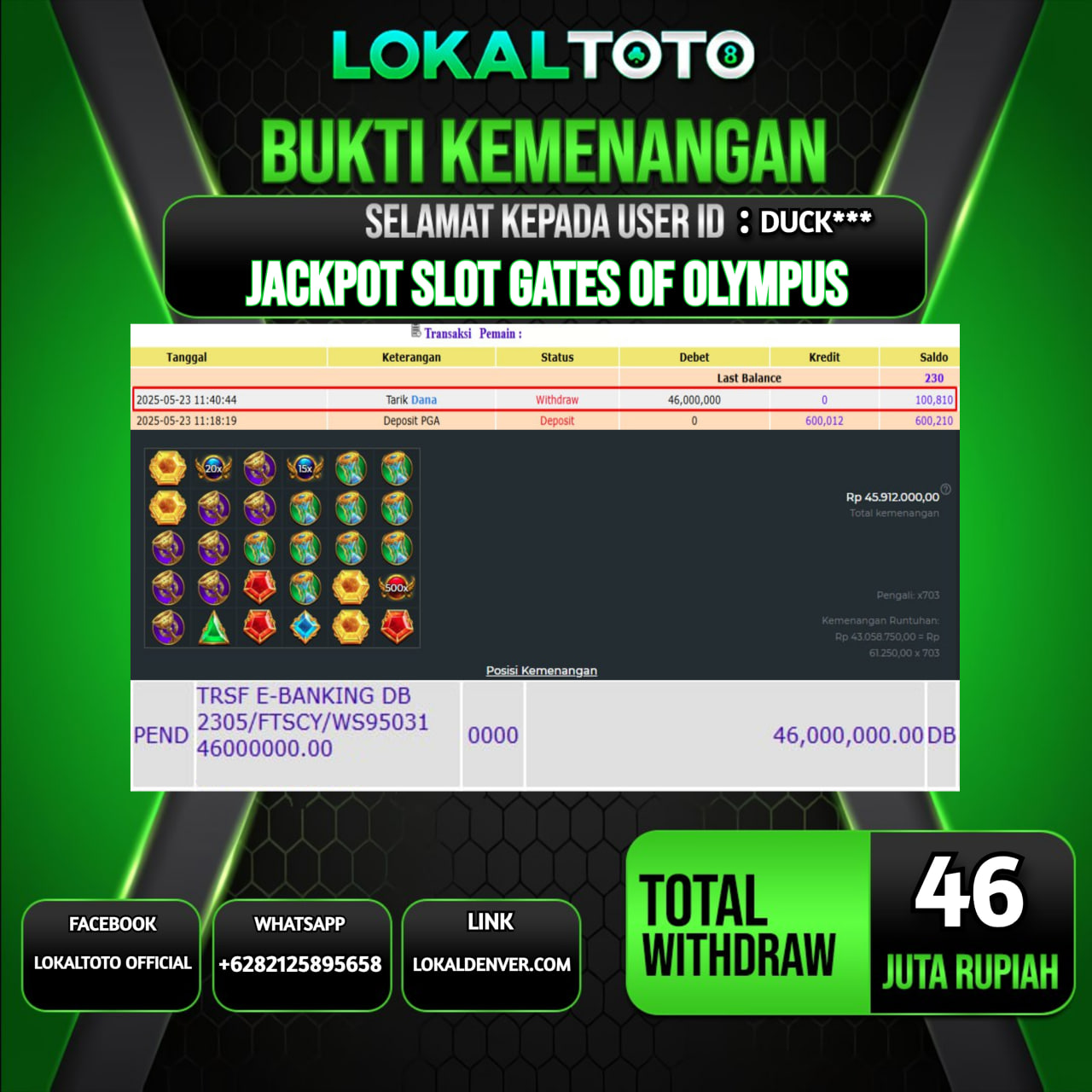 LOKALTOTO JACKPOT SLOT GATES OF OLYMPUS RP.46.000.000.,- LUNAS USER ID : DUCK***