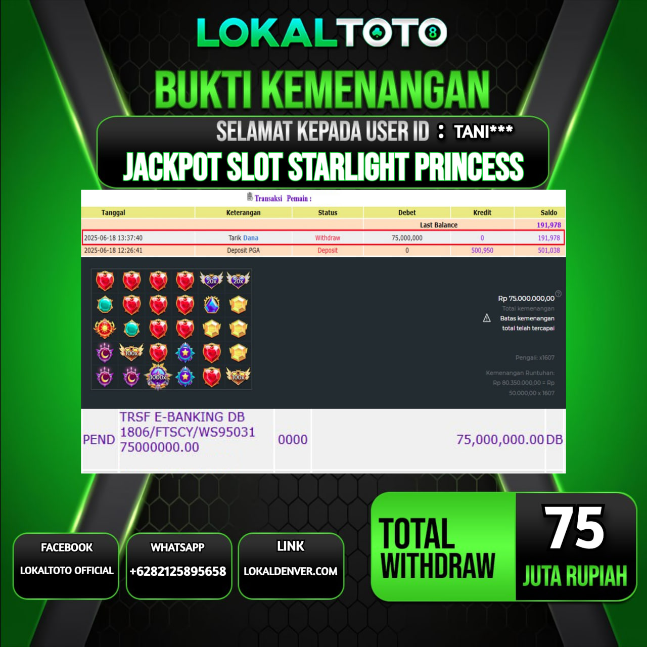 LOKALTOTO JACKPOT SLOT STARLIGHT PRINCESS RP.75.000.000.,- LUNAS USER ID  : TANI***