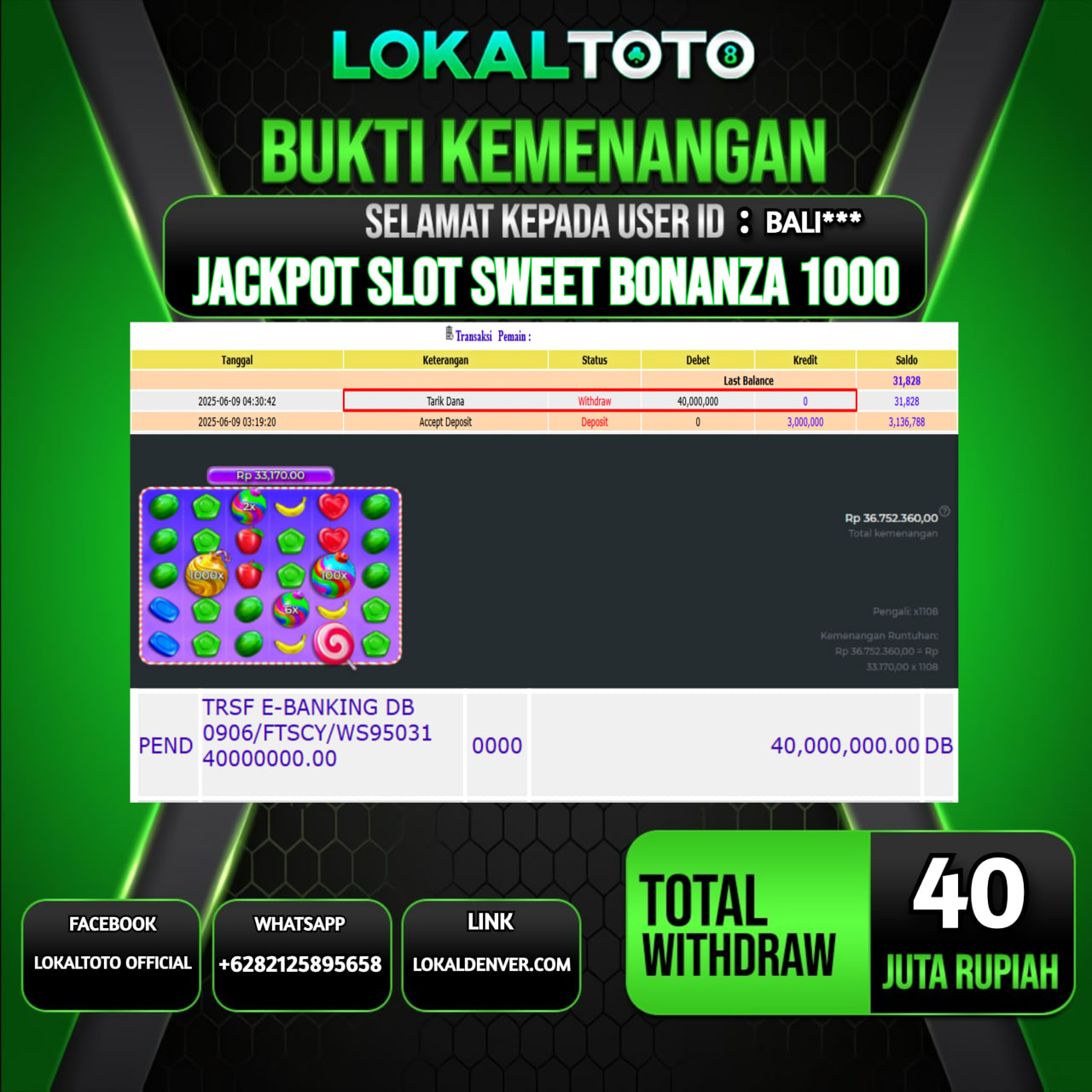 LOKALTOTO JACKPOT SLOT SWEET BONANZA 1000 RP.40.000.000.,- LUNAS USER ID : BALI***