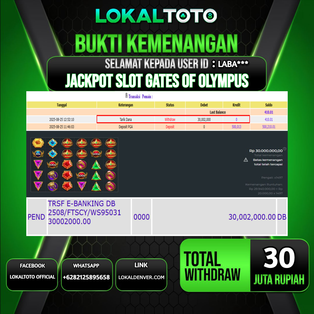 LOKALTOTO JACKPOT SLOT GATES OF OLYMPUS RP.30.000.000.,- LUNAS USER ID : LABA***