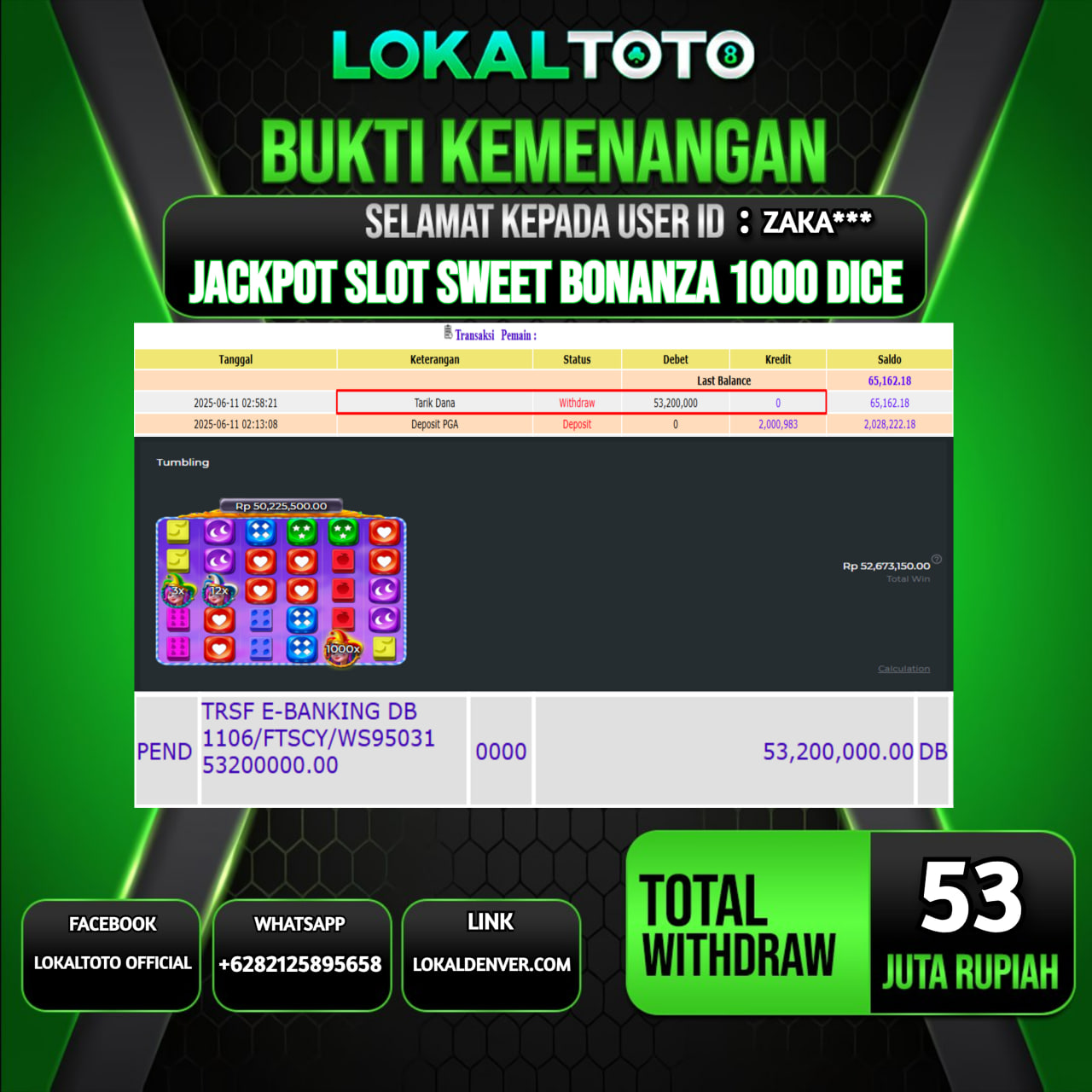 LOKALTOTO JACKPOT SLOT SWEET BONANZA 1000 DICE RP.53.000.000.,- LUNAS USER ID : ZAKA***