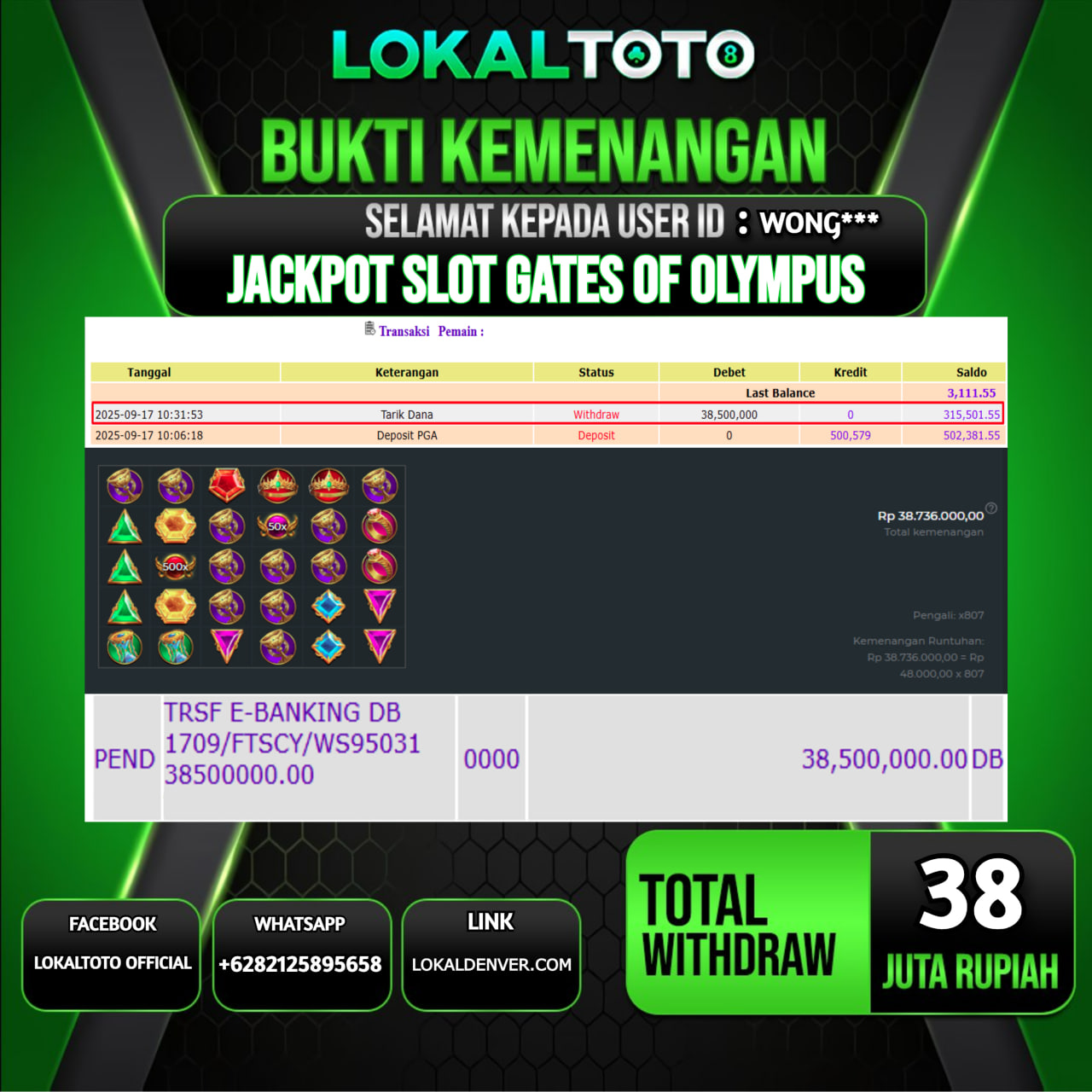 LOKALTOTO JACKPOT SLOT GATES OF OLYMPUS RP.38.000.000.,- LUNAS USER ID  :  WONG***