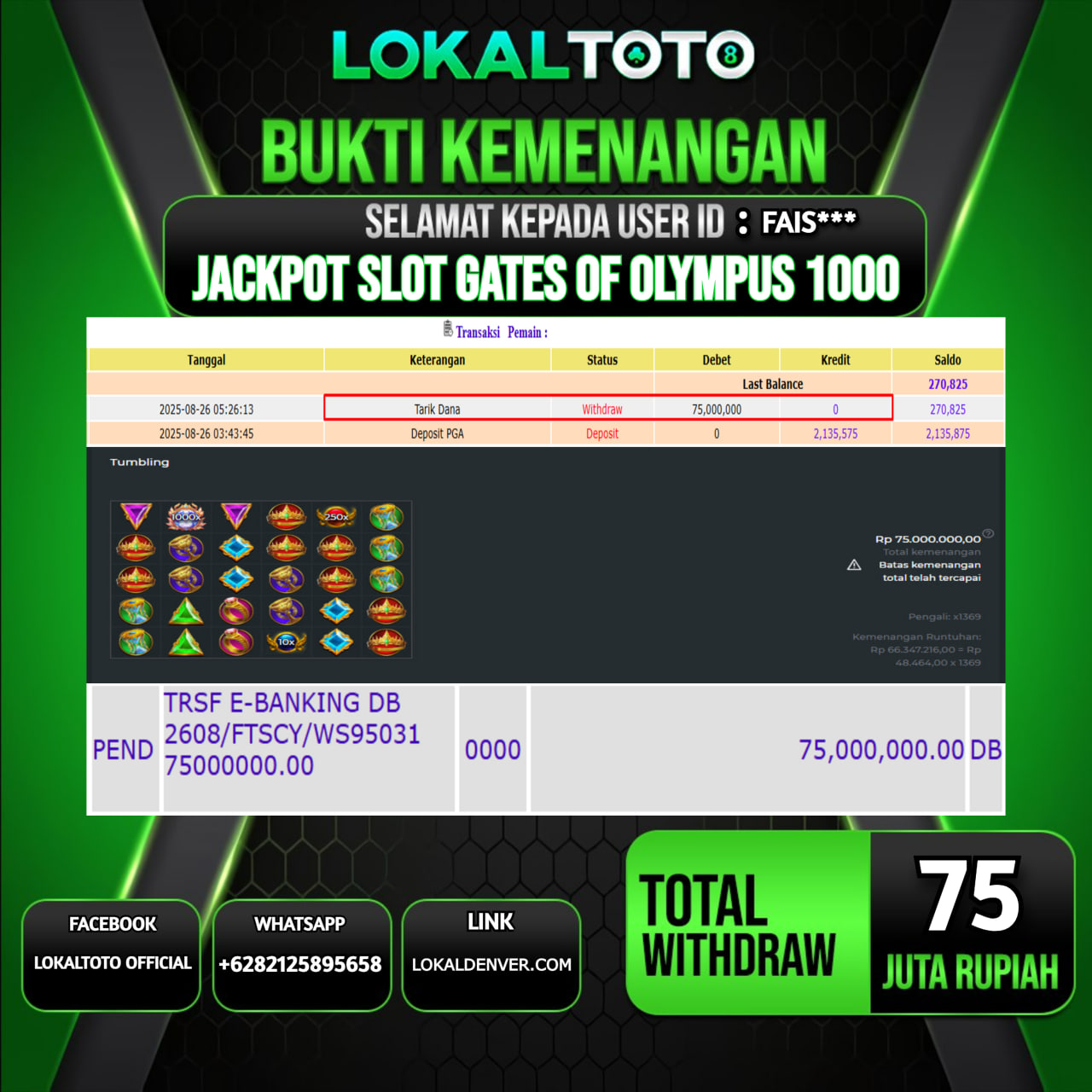 LOKALTOTO JACKPOT SLOT GATES OF OLYMPUS 1000 RP.75.000.000.,- LUNAS USER ID : FAIS***