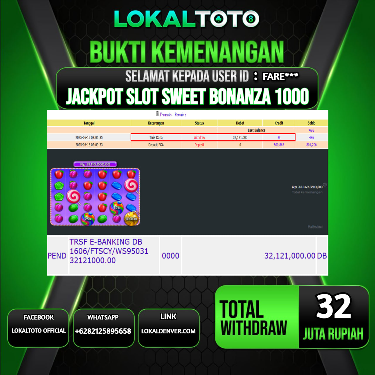 LOKALTOTO JACKPOT SLOT SWEET BONANZA 1000 RP.32.000.000.,- LUNAS USER ID  : FARE***