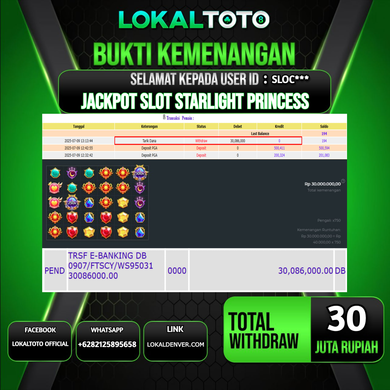 LOKALTOTO JACKPOT SLOT STARLIGHT PRINCESS RP.30.000.000.,- LUNAS USER ID : SLOC***