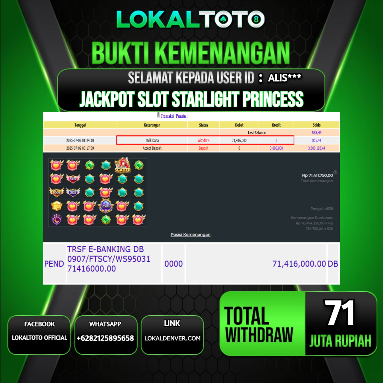 LOKALTOTO JACKPOT SLOT STARLIGHT PRINCESS RP.71.000.000.,- LUNAS USER ID : ALIS***