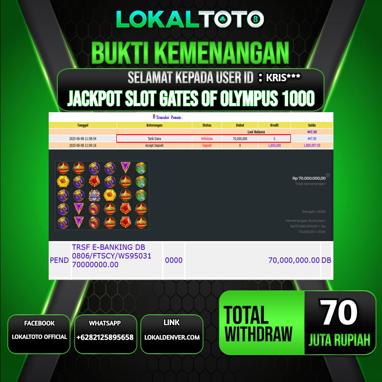 LOKALTOTO JACKPOT SLOT GATES OF OLYMPUS 1000 RP.70.000.000.,- LUNAS USER ID : KRIS***