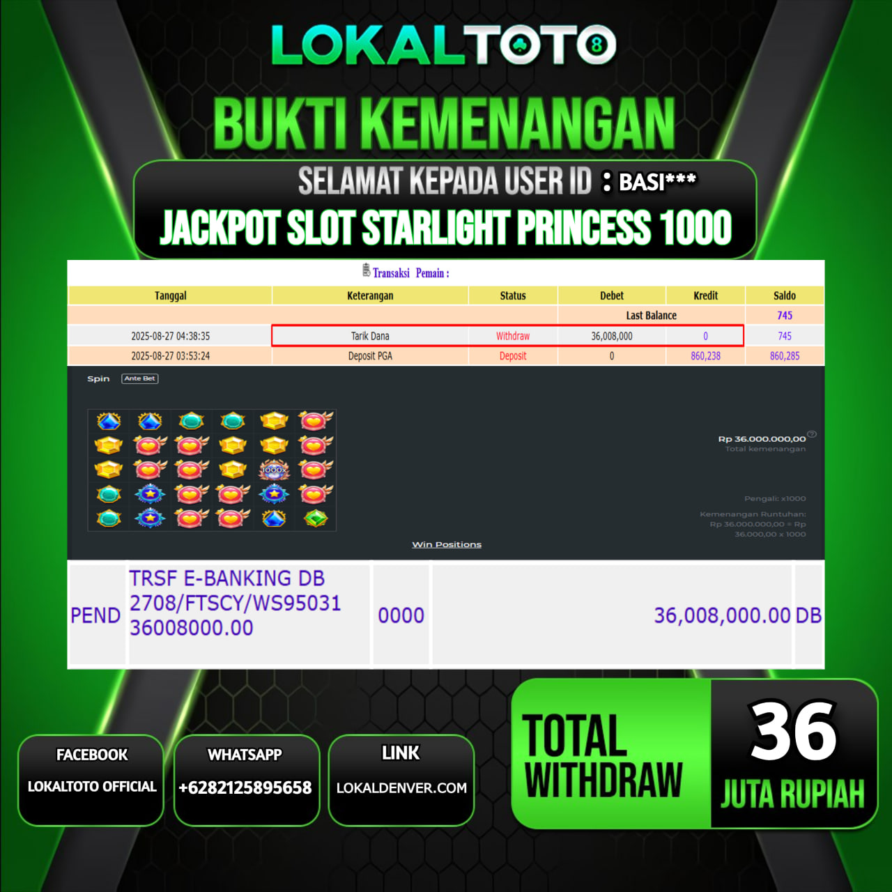 LOKALTOTO JACKPOT SLOT STARLIGHT PRINCESS 1000 RP.36.000.000.,- LUNAS USER ID : BASI***