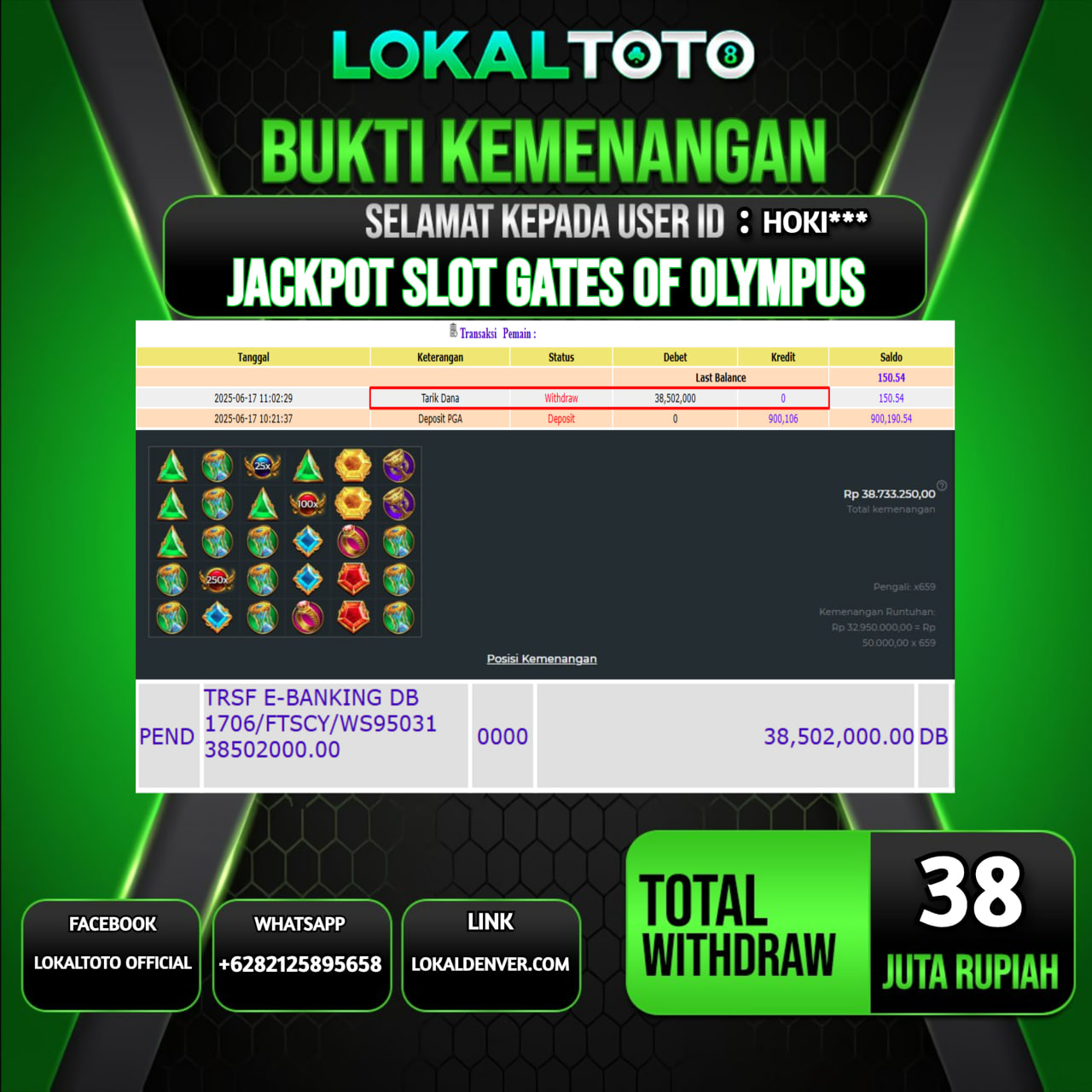 LOKALTOTO JACKPOT SLOT GATES OF OLYMPUS RP.38.000.000.,- LUNAS USER ID  : HOKI***