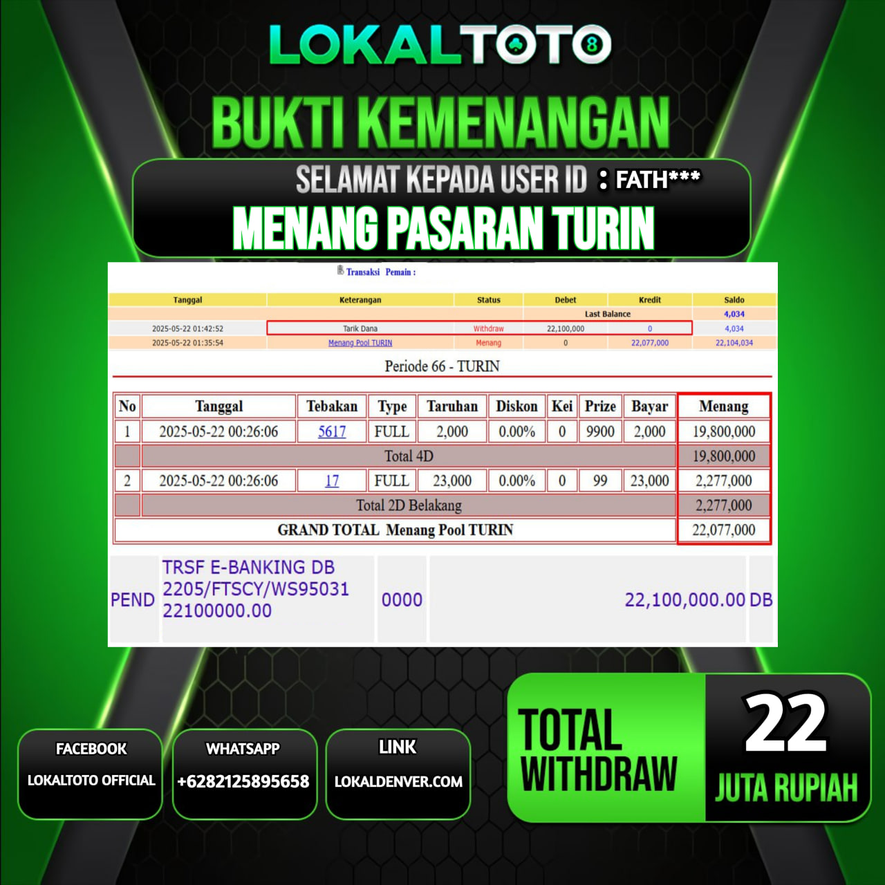 LOKALTOTO JACKPOT PASARAN TURIN RP.22.000.000.,- LUNAS USER ID : FATH***