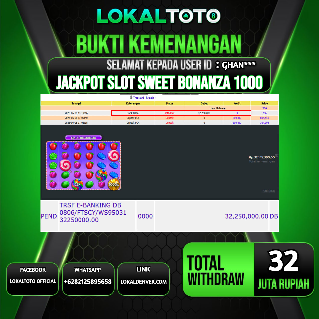 LOKALTOTO JACKPOT SLOT SWEET BONANZA 1000 RP.32.000.000.,- LUNAS USER ID : GHAN***