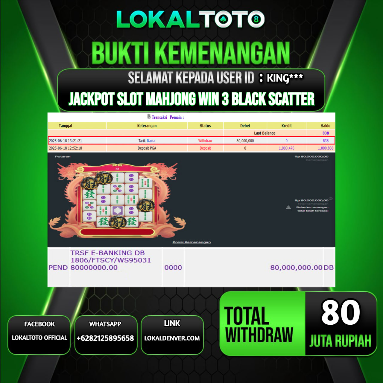 LOKALTOTO JACKPOT SLOT MAHJONG WIN 3 BLACK SCATTER RP.80.000.000.,- LUNAS USER ID  : KING***