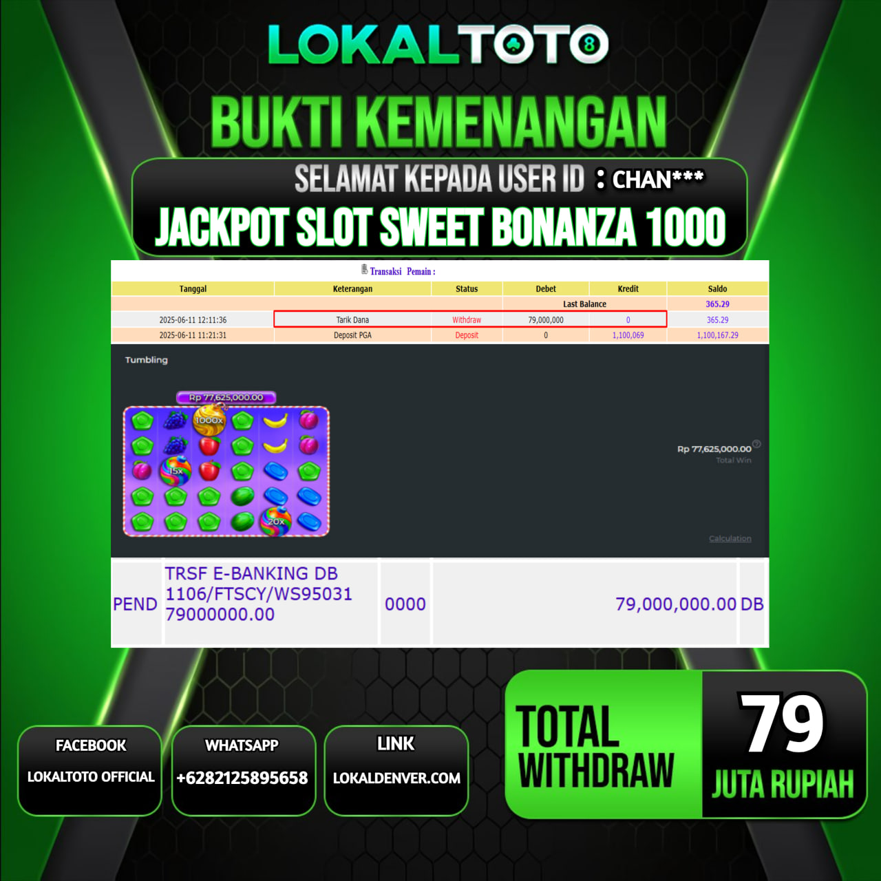 LOKALTOTO JACKPOT SLOT SWEET BONANZA 1000 RP.79.000.000.,- LUNAS USER ID : CHAN***