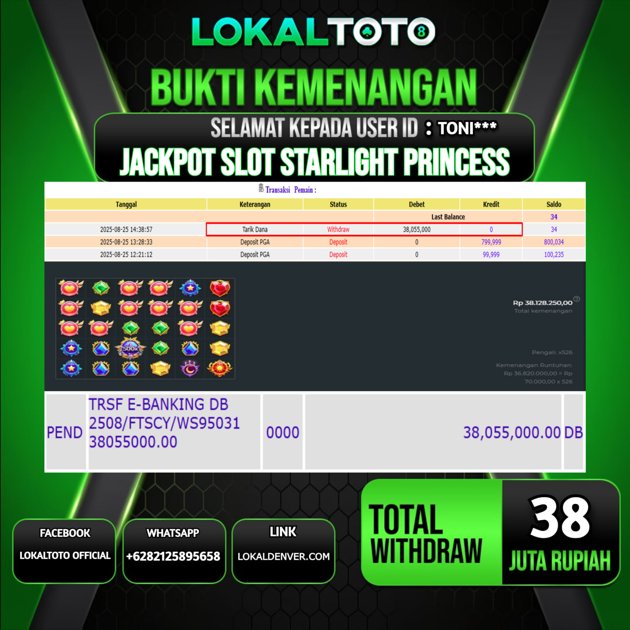 LOKALTOTO JACKPOT SLOT STARLIGHT PRINCESS RP.38.000.000.,- LUNAS USER ID : TONI***