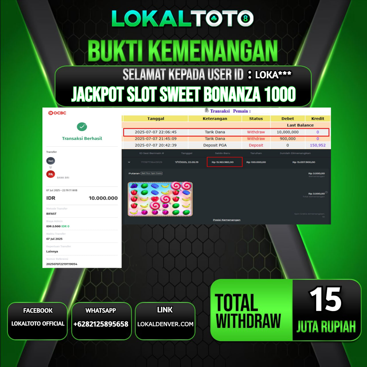 LOKALTOTO JACKPOT SLOT SWEET BONANZA 1000 RP.15.000.000.,- LUNAS USER ID : LOKA***