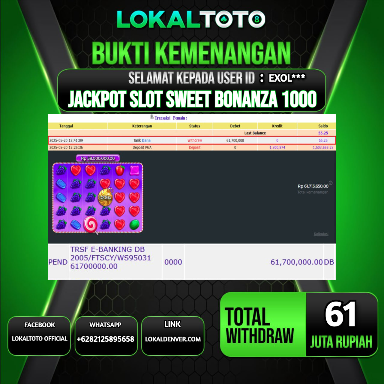 LOKALTOTO JACKPOT SLOT SWEET BONANZA 1000 RP.61.000.000.,- LUNAS USER ID : EXOL***