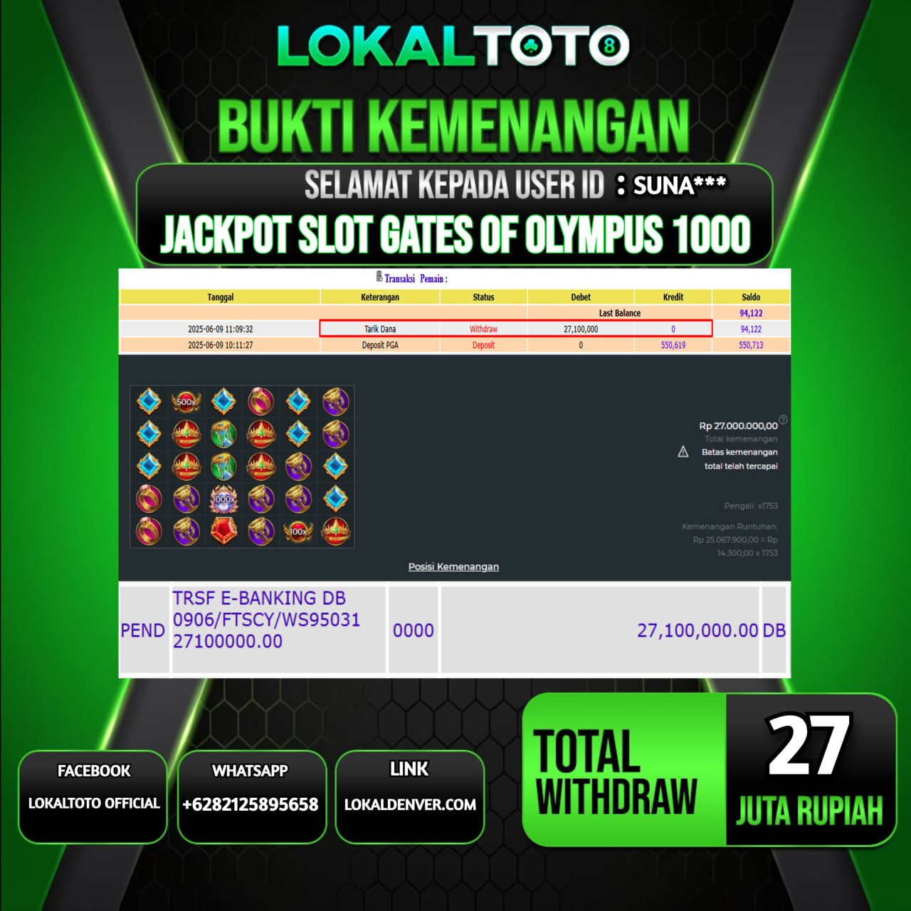 LOKALTOTO JACKPOT SLOT GATES OF OLYMPUS 1000 RP.27.000.000.,- LUNAS USER ID : SUNA***