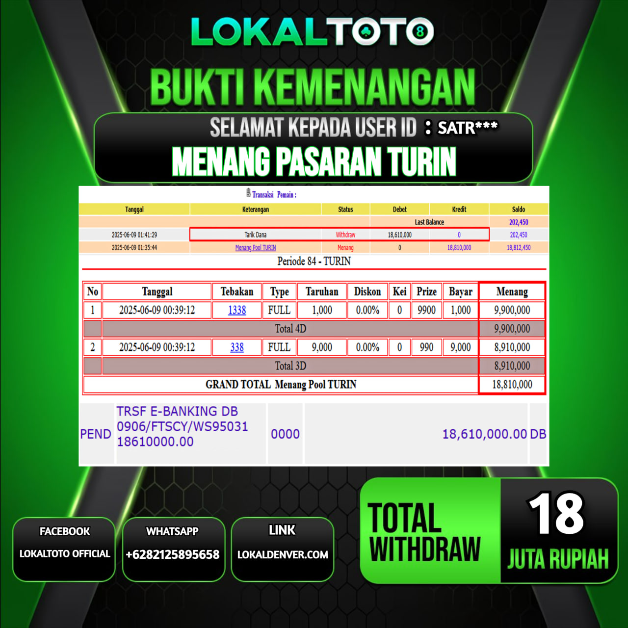 LOKALTOTO JACKPOT PASARAN TURIN RP.18.000.000.,- LUNAS USER ID : SATR***