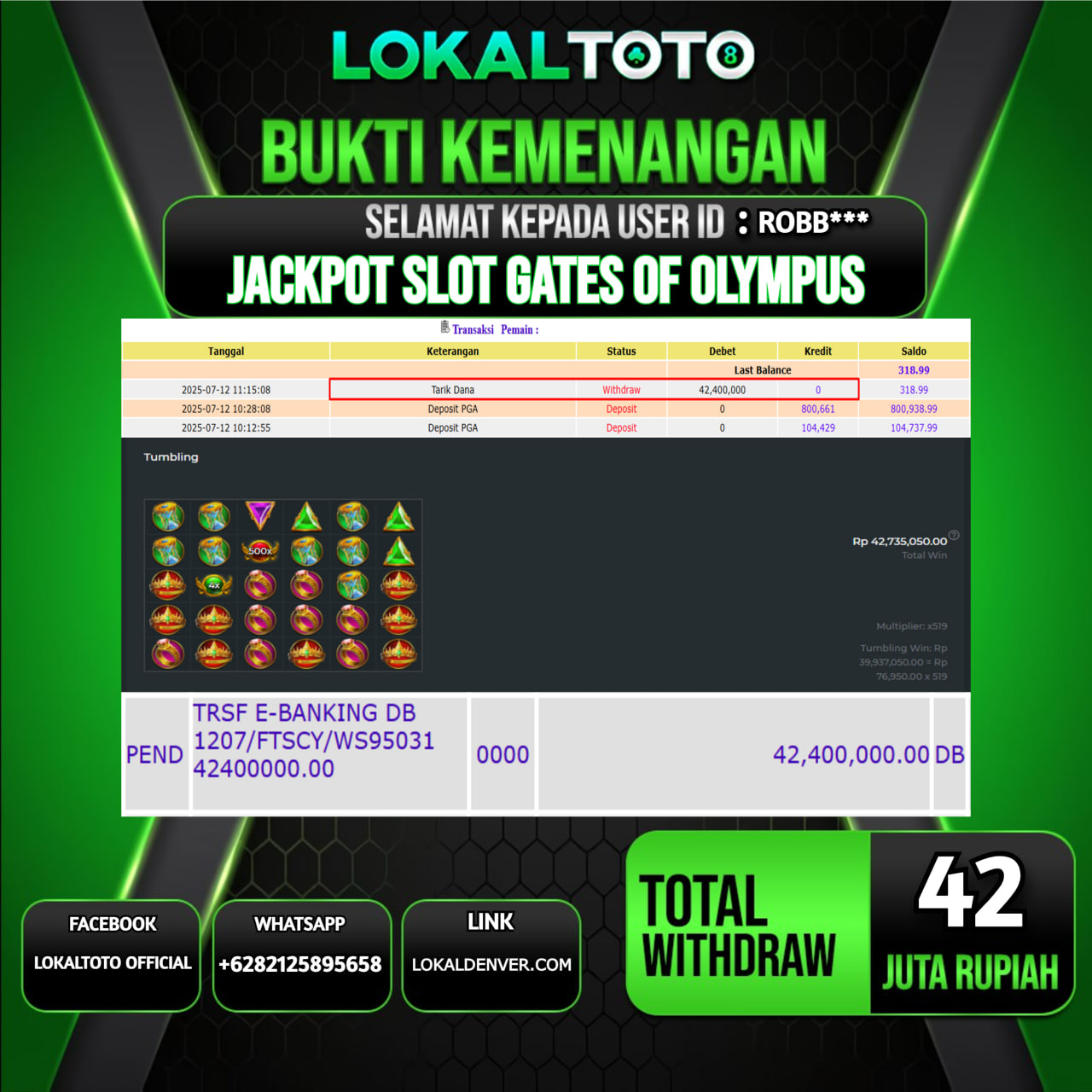 LOKALTOTO JACKPOT SLOT GATES OF OLYMPUS RP.42.000.000.,- LUNAS USER ID : ROBB***