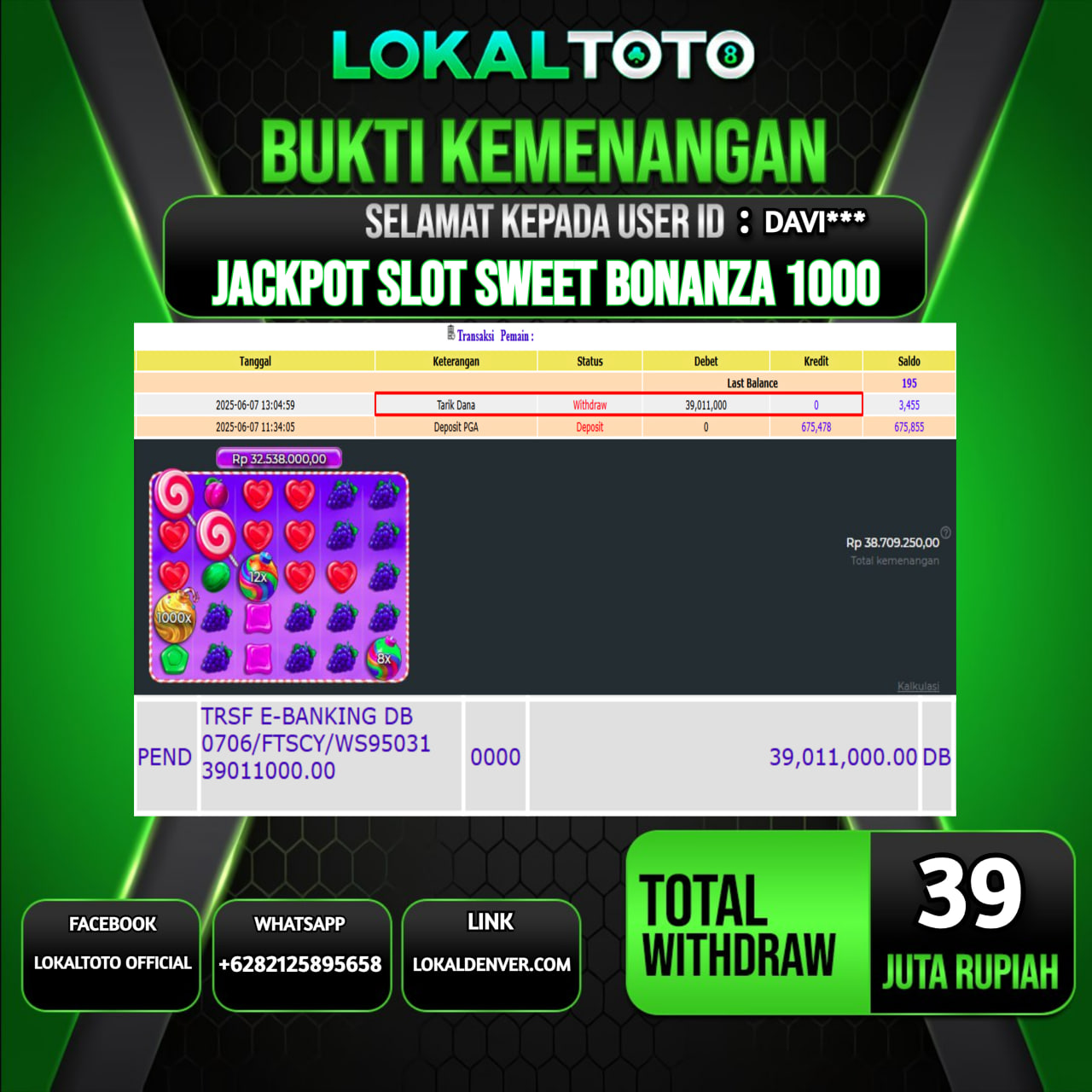 LOKALTOTO JACKPOT SLOT SWEET BONANZA 1000 RP.39.000.000.,- LUNAS USER ID : DAVI***