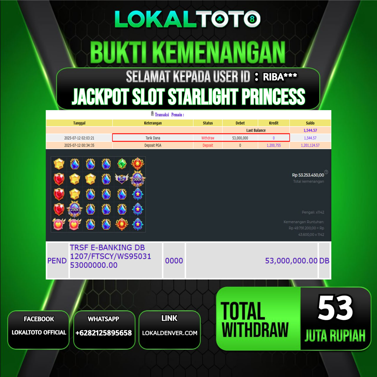 LOKALTOTO JACKPOT SLOT STARLIGHT PRINCESS RP.53.000.000.,- LUNAS USER ID : RIBA***