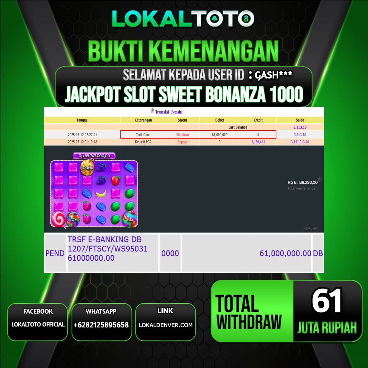 LOKALTOTO JACKPOT SLOT SWEET BONANZA 1000 RP.61.000.000.,- LUNAS USER ID : GASH***